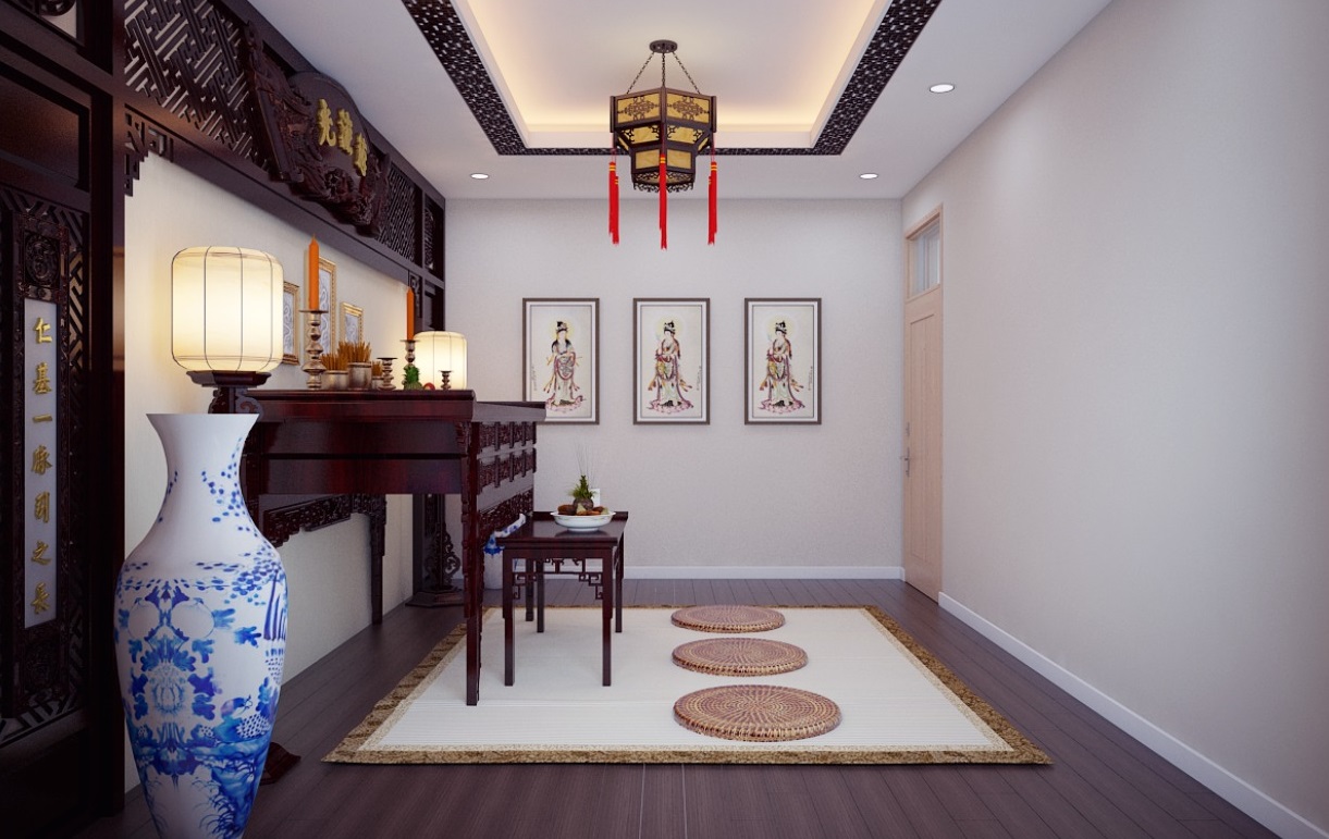 Không gian phòng thờ tôn nghiêm với nội thất gỗ truyền thống và lối bài trí đối xứng hài hòa. Kiểu đèn thắp sáng tạo cảm giác ấm áp.