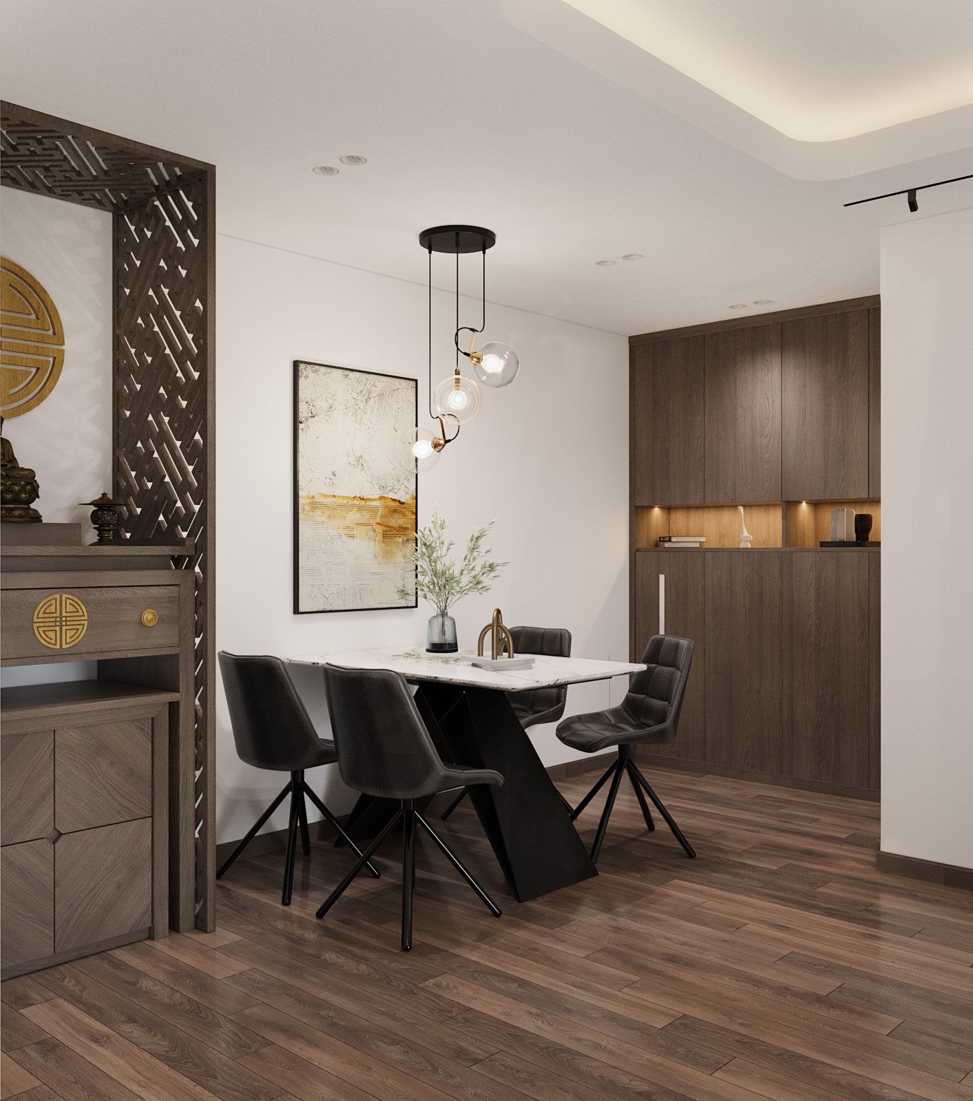 Ph&ograve;ng ăn cạnh g&oacute;c thờ c&uacute;ng gọn đẹp