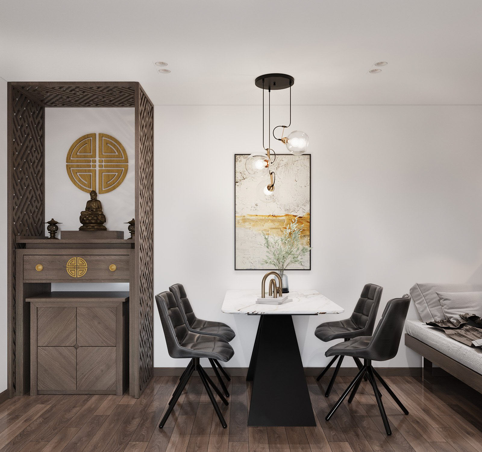 g&oacute;c thờ Phật, b&agrave;n ăn, giường ngủ trong căn hộ 75m2