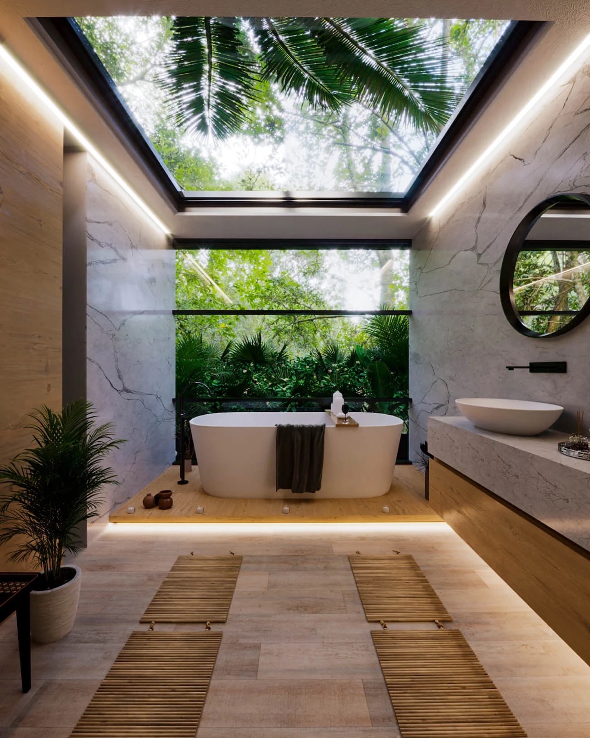 Với thiết kế độc đáo, phòng tắm này như nằm dưới tán cây rừng nhiệt đới xanh tốt.