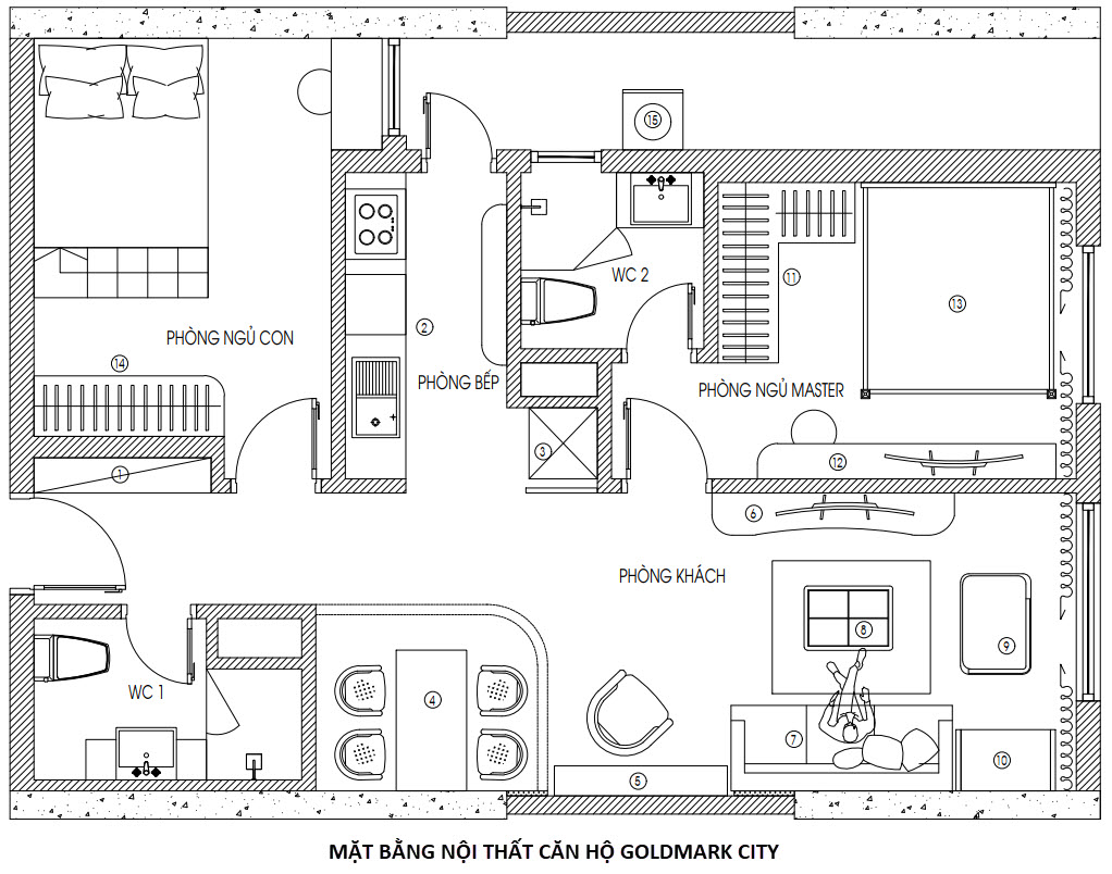 Mặt bằng bố tr&iacute; nội thất căn hộ 2 ph&ograve;ng ngủ, 90m2 phong c&aacute;ch Indochine