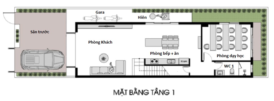 Mặt bằng c&ocirc;ng năng tầng 1 nh&agrave; ống hiện đại
