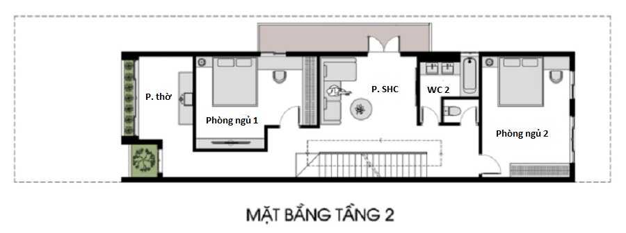 Mặt bằng bố tr&iacute; nội thất tầng 2 nh&agrave; ống