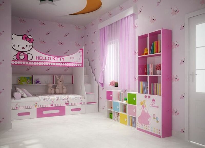 ph&ograve;ng ngủ b&eacute; g&aacute;i với giường tầng theo chủ đề m&egrave;o Kitty