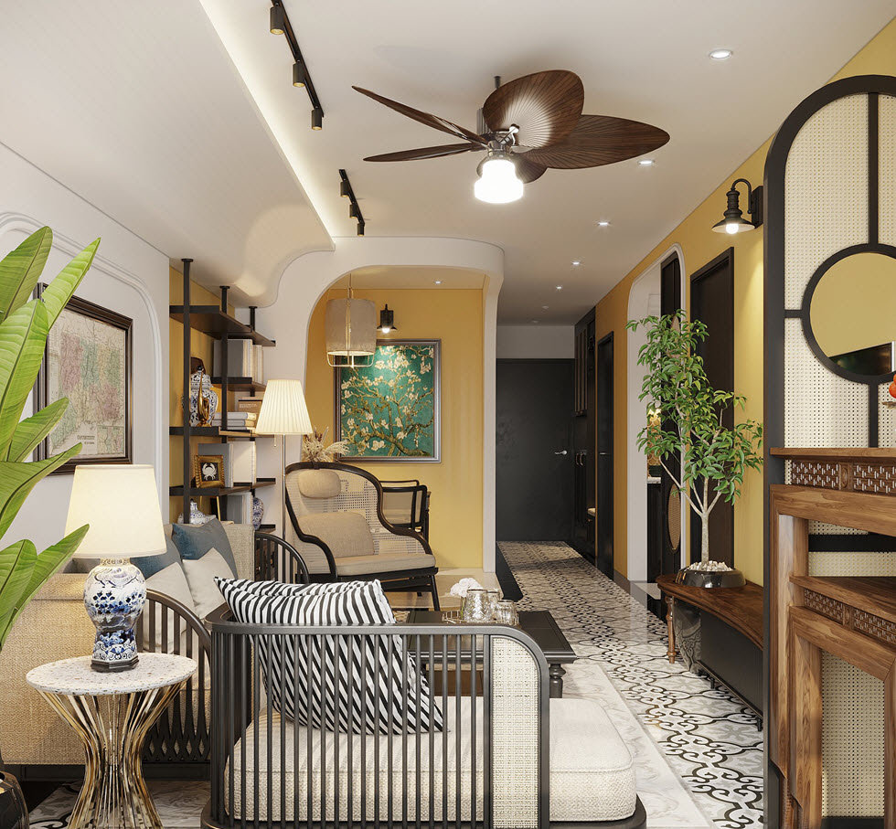 Tr&ecirc;n nền đen - trắng kết hợp h&agrave;i h&ograve;a, tường sơn v&agrave;ng đặc trưng của phong c&aacute;ch nội thất Indochine tạo cảm gi&aacute;c ấm c&uacute;ng, th&acirc;n thuộc cho căn hộ 90m2.