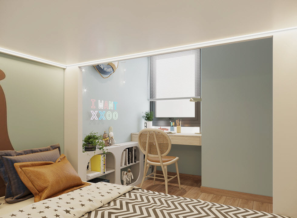 G&oacute;c học tập được bố tr&iacute; cạnh cửa sổ k&iacute;nh để tận dụng tối đa &aacute;nh s&aacute;ng tự nhi&ecirc;n, tốt cho mắt của trẻ. Kệ s&aacute;ch đ&aacute;ng y&ecirc;u với bề mặt đặt chậu cảnh nhỏ xinh, b&agrave;y đồ trang tr&iacute;.