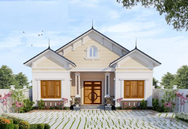 Phối cảnh 3D mẫu nh&agrave; vườn 1 tầng m&aacute;i Th&aacute;i hiện đại