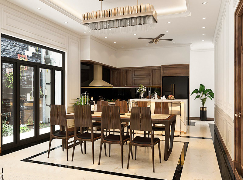 H&igrave;nh ảnh ph&ograve;ng bếp kết hợp ph&ograve;ng ăn rộng r&atilde;i, tho&aacute;ng đ&atilde;ng với cửa k&iacute;nh mở ra s&acirc;n trong tho&aacute;ng s&aacute;ng.