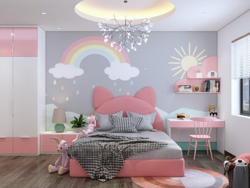 ph&ograve;ng ngủ b&eacute; g&aacute;i với trang tr&iacute; cầu vồng đầu giường, đ&egrave;n ch&ugrave;m kiểu d&aacute;ng tinh tế, giường h&igrave;nh thỏ m&agrave;u hồng, b&agrave;n học cạnh cửa sổ k&iacute;nh tho&aacute;ng s&aacute;ng.