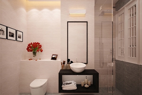 Ph&ograve;ng tắm - vệ sinh trong nh&agrave; vườn 1 tầng m&aacute;i Th&aacute;i c&oacute; thiết kế hiện đại tối giản, trang bị đầy đủ tiện &iacute;ch thiết yếu. Tranh tường, b&igrave;nh hoa gi&uacute;p căn ph&ograve;ng c&oacute; sinh kh&iacute; hơn.