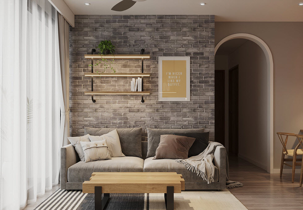 phòng khách căn hộ với sofa màu xám, tường ốp gạch thẻ màu xám cùng tông, kệ gắn tường gắn đèn LED, bài trí cây xanh, rèm cửa kính hai lớp màu trắng lãng mạn
