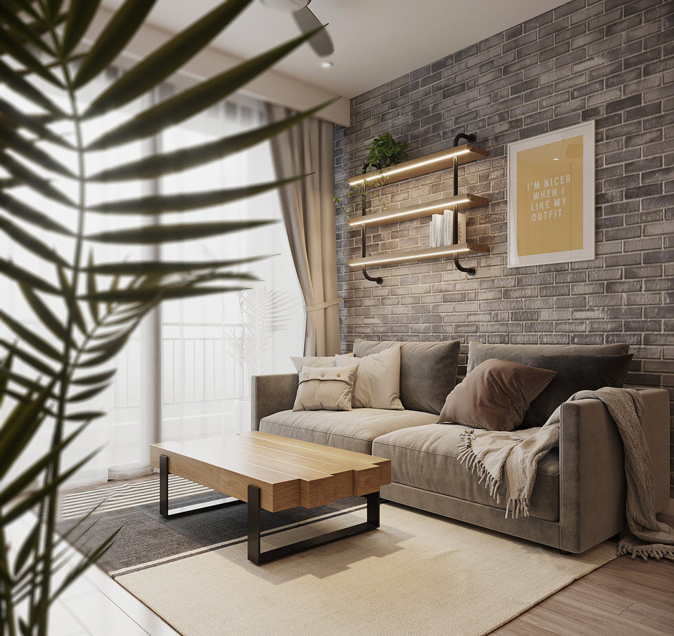 phòng khách với sofa màu xám, thảm trải cùng tông, bàn trà với khối gỗ lớn làm mặt bàn, cây xanh, rèm cửa sổ hai lớp màu trắng mỏng mảnh lãng mạn, ấm áp.