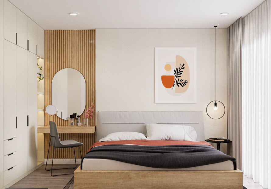 Đường n&eacute;t nội thất hiện đại tối giản, những mảng nhấn bằng gỗ ấm &aacute;p, tranh tường nghệ thuật, đ&egrave;n thả mềm mại... l&agrave;m n&ecirc;n sức h&uacute;t lạ kỳ cho ph&ograve;ng ngủ master.