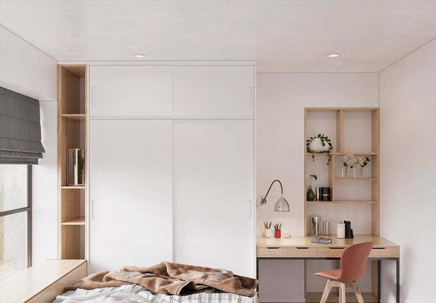 Kh&ocirc;ng gian l&agrave;m việc tại nh&agrave; t&iacute;ch hợp trong ph&ograve;ng ngủ với thiết kế liền tường gọn đẹp v&agrave; tiện dụng. C&ograve;n c&oacute; th&ecirc;m cả ghế ngồi thư gi&atilde;n b&ecirc;n cửa sổ.