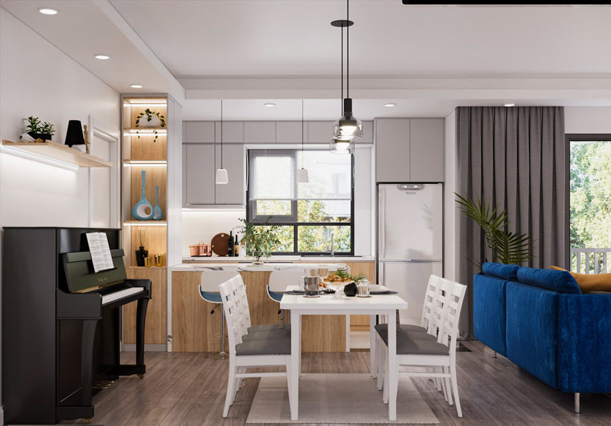 Quầy bar ngo&agrave;i chức năng ch&iacute;nh c&ograve;n đ&oacute;ng vai tr&ograve; như v&aacute;ch ngăn ph&acirc;n t&aacute;ch bếp v&agrave; ph&ograve;ng ăn. Khung cửa sổ k&iacute;nh đ&oacute;n s&aacute;ng tự nhi&ecirc;n v&agrave; gi&uacute;p bếp được th&ocirc;ng tho&aacute;ng, thơm sạch.
