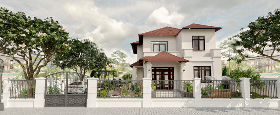 Phối cảnh kiến trúc biệt thự với đường nét hiện đại, hài hòa và sang trọng.