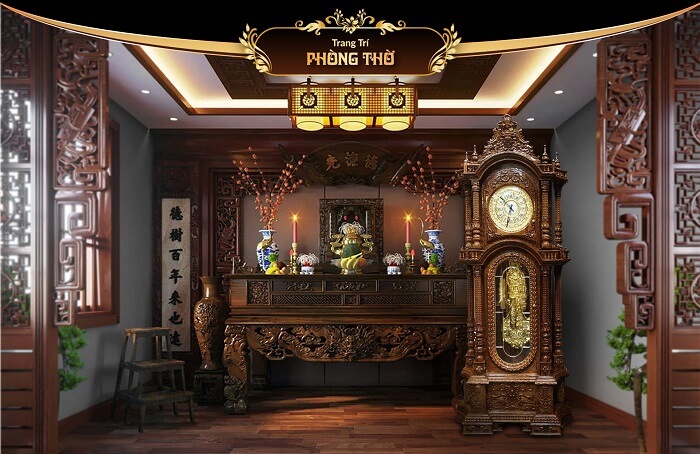 Thiết kế phòng thờ toát lên vẻ trang nghiêm, sang trọng mà vẫn rất đối ấm áp với nội thất gỗ tự nhiên chạm trổ cầu kỳ.