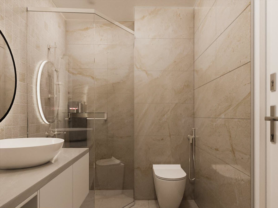Buồng tắm v&ograve;i sen ph&acirc;n t&aacute;ch với khu vệ sinh b&ecirc;n ngo&agrave;i bằng v&aacute;ch k&iacute;nh trong suốt mang lại vẻ tho&aacute;ng rộng, hiện đại cho căn ph&ograve;ng.