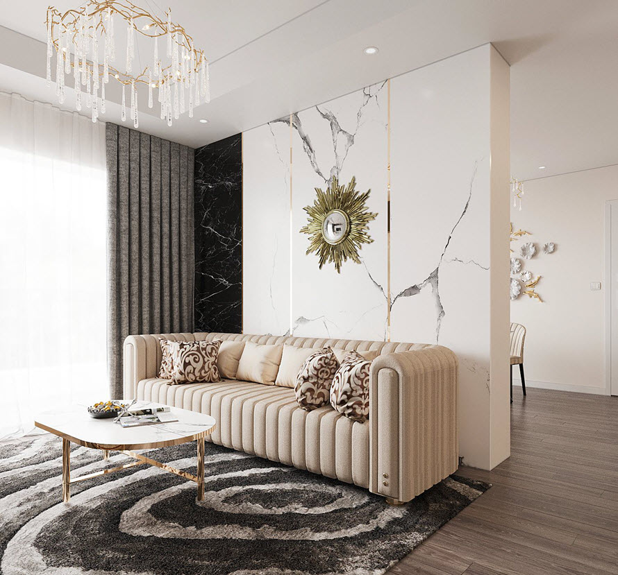 phòng khách căn hộ với sofa trắng sữa, đèn chùm, rèm hai lớp