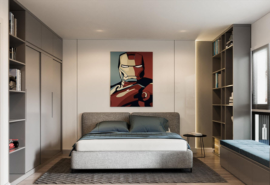 Tranh tường độc đáo tạo điểm nhấn cá tính cho phòng ngủ thứ ba của căn hộ 130m2.