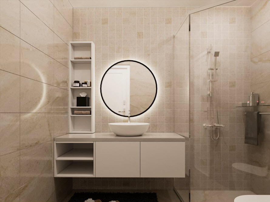 Gương tròn bo viền khung đen kết hợp đèn LED tạo điểm nhấn cực bắt mắt.