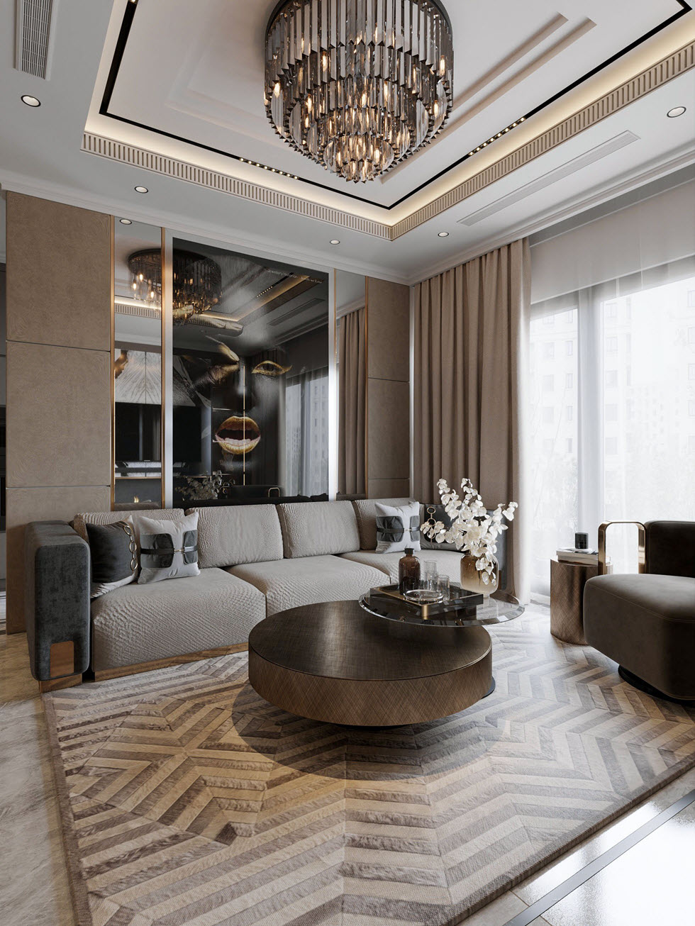 Kiến tr&uacute;c sư lựa chọn những m&oacute;n đồ nội thất cao cấp với thiết kế độc đ&aacute;o, t&ocirc;ng m&agrave;u trung t&iacute;nh thanh lịch. Ph&ograve;ng kh&aacute;ch v&igrave; thế to&aacute;t l&ecirc;n sang trọng đ&uacute;ng chất "hạng A".