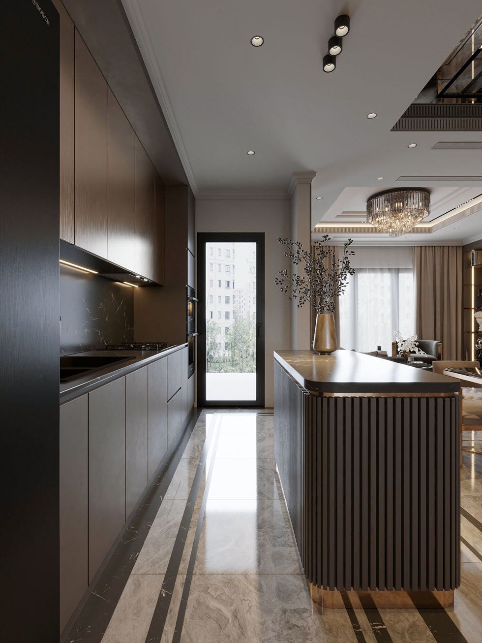 Sự hiện diện của khung cửa k&iacute;nh trong suốt gi&uacute;p căn bếp lu&ocirc;n tho&aacute;ng đ&atilde;ng v&agrave; nhận đủ &aacute;nh s&aacute;ng tự nhi&ecirc;n v&agrave;o ban ng&agrave;y.