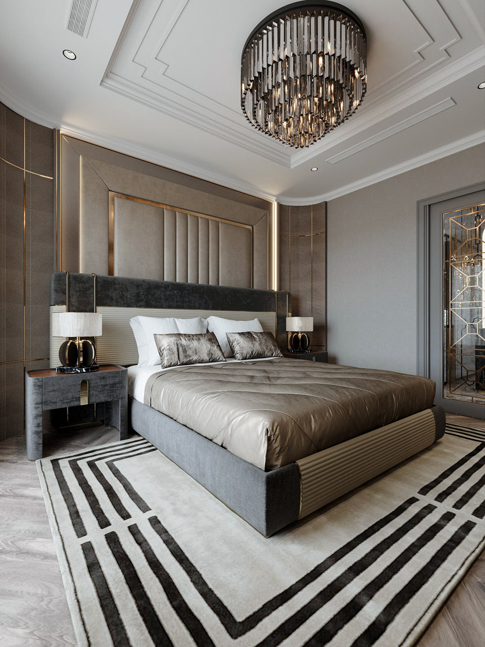 Thiết kế nội thất ph&ograve;ng ngủ master đậm chất Luxury với giường nệm cao cấp, tab đối xứng v&agrave; decor tường đầu giường ấn tượng.