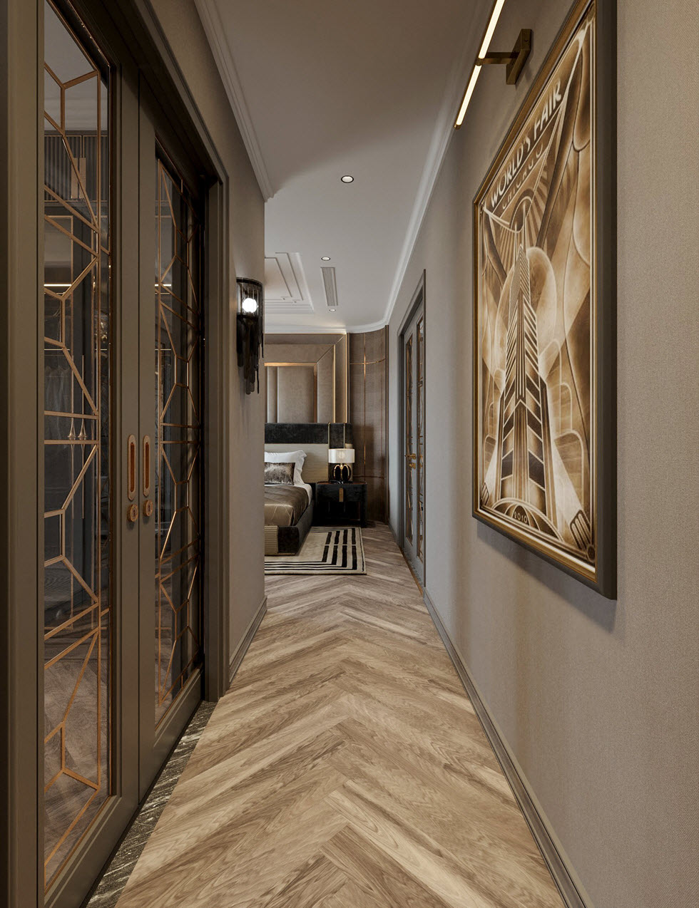 Tranh tường phong c&aacute;ch Luxury được bố tr&iacute; kh&eacute;o l&eacute;o ở khu vực h&agrave;nh lang.