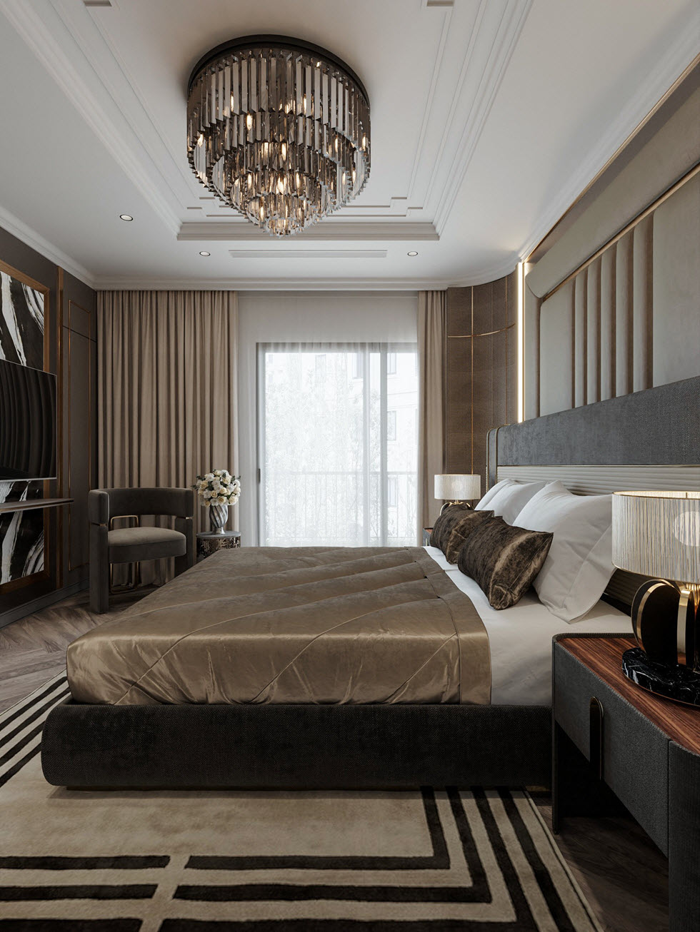 Với cửa k&iacute;nh lớn th&igrave; r&egrave;m cửa hai lớp l&agrave; thứ kh&ocirc;ng thể thiếu cho ph&ograve;ng ngủ n&agrave;y. Gia chủ c&oacute; thể linh hoạt điều chỉnh &aacute;nh s&aacute;ng tự nhi&ecirc;n v&agrave;o ph&ograve;ng t&ugrave;y theo thời gian trong ng&agrave;y cũng như nhu cầu thực tế. 