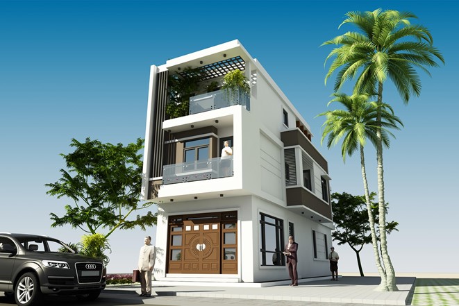 Phối cảnh 3D mẫu nh&agrave; ống 2,5 tầng phong c&aacute;ch hiện đại