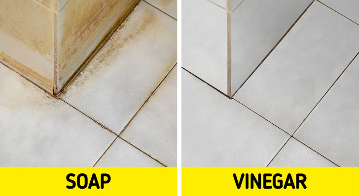 s&agrave;n gạch ph&ograve;ng tắm trước v&agrave; sau khi được ch&agrave; sạch với giấm