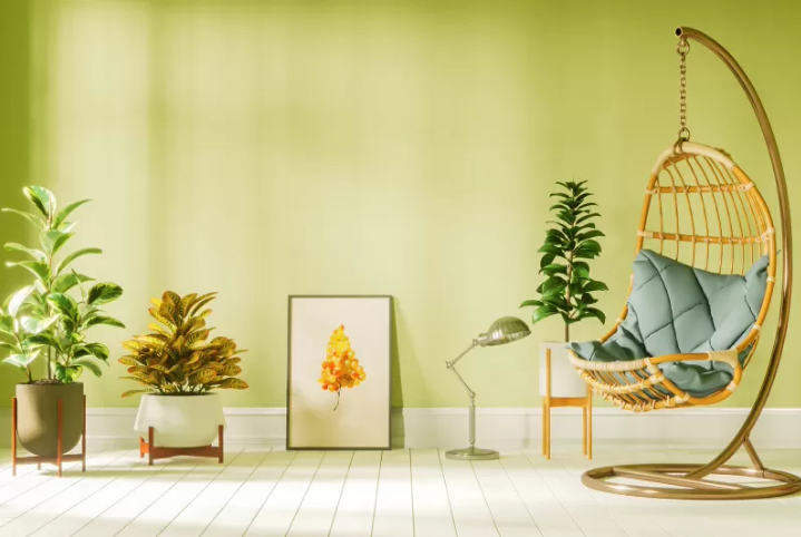 Trang tr&iacute; khu vực ph&iacute;a Đ&ocirc;ng, Đ&ocirc;ng Nam của ph&ograve;ng kh&aacute;ch với yếu tố Mộc xanh m&aacute;t.