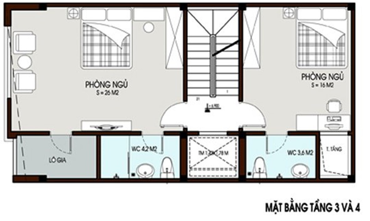 Mặt bằng tầng 3, tầng 4 nhà ống