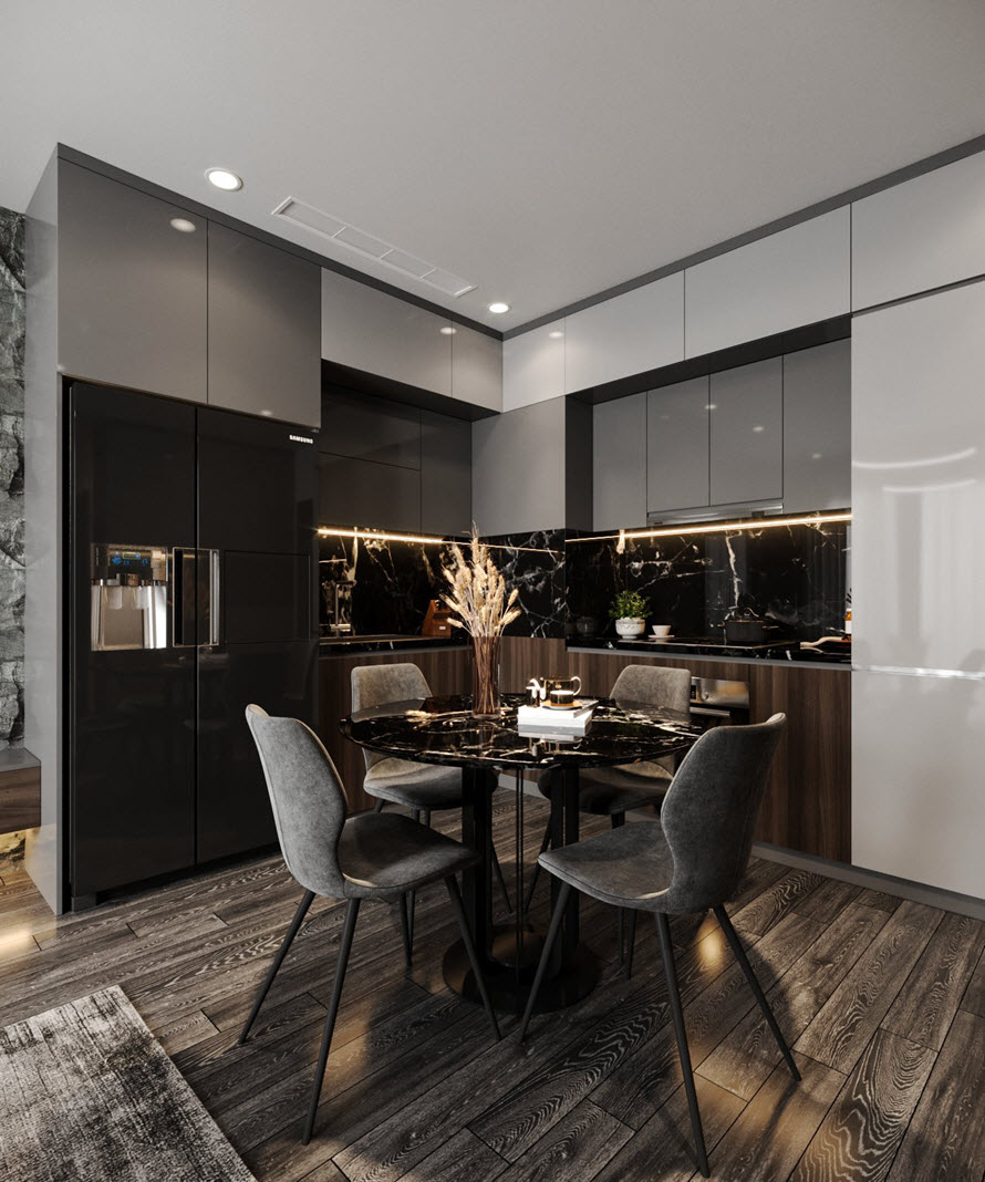 Bếp chữ L được thiết kế gọn đẹp với hệ tủ liền tường gi&uacute;p tăng diện t&iacute;ch lưu trữ m&agrave; vẫn đảm bảo t&iacute;nh thẩm mỹ tổng thể.