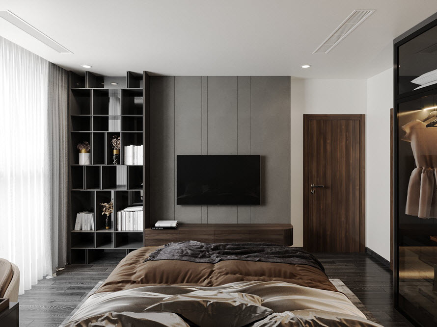 Gi&aacute; s&aacute;ch kịch trần liền kệ tivi gi&uacute;p tối ưu h&oacute;a diện t&iacute;ch sử dụng trong ph&ograve;ng ngủ, tăng tiện &iacute;ch đ&aacute;p ứng nhu cầu ngủ nghỉ, thư gi&atilde;n của gia chủ.