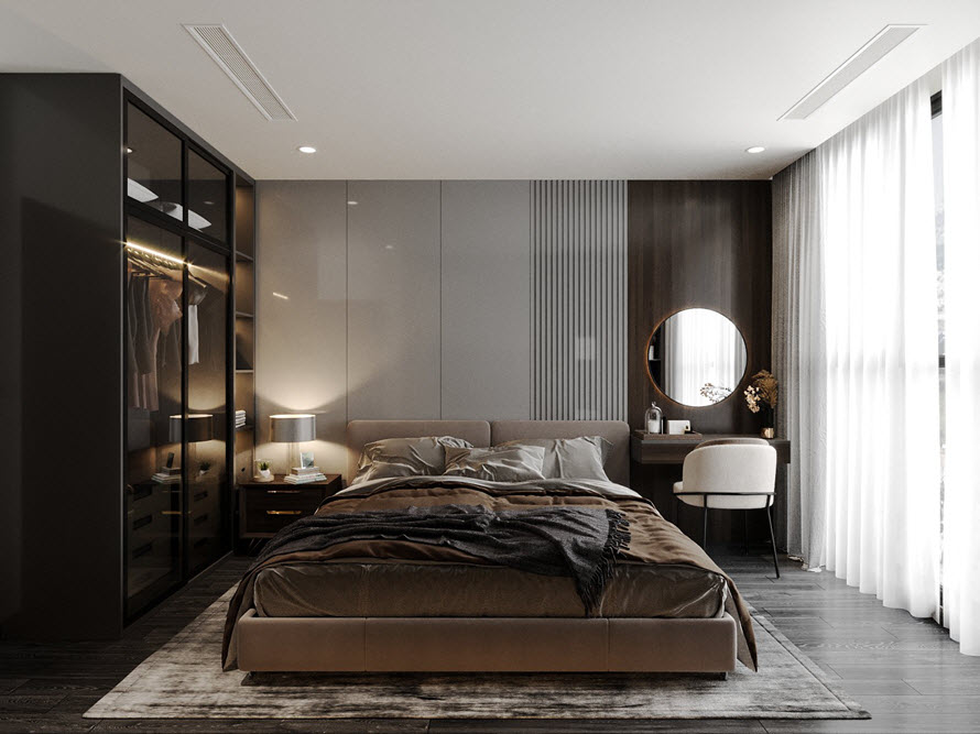 Ph&ograve;ng ngủ thứ hai trong căn hộ 85m2 c&oacute; thiết kế tương tự ph&ograve;ng master với tủ quần &aacute;o cửa gương sang trọng, bắt mắt.