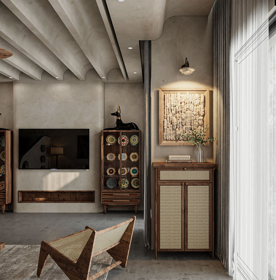 Đồ nội thất Wabi Sabi l&agrave; những điểm nhấn trang tr&iacute; đẹp mắt. &Aacute;nh đ&egrave;n v&agrave;ng mang lại vẻ ấm &aacute;p, xua tan vẻ sắc lạnh của t&ocirc;ng m&agrave;u x&aacute;m b&ecirc; t&ocirc;ng.