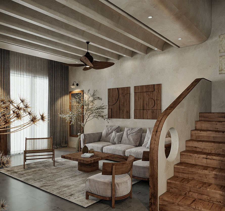 Thiết kế nội thất ph&ograve;ng kh&aacute;ch wabi sabi