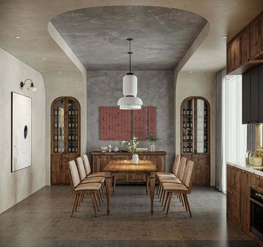 Ph&ograve;ng ăn rộng tho&aacute;ng với &aacute;nh đ&egrave;n v&agrave;ng ấm c&uacute;ng chiếu xuống mặt b&agrave;n gỗ mộc. Tủ rượu đối xứng hai b&ecirc;n với thiết kế v&ograve;m mềm mại, thanh tho&aacute;t.