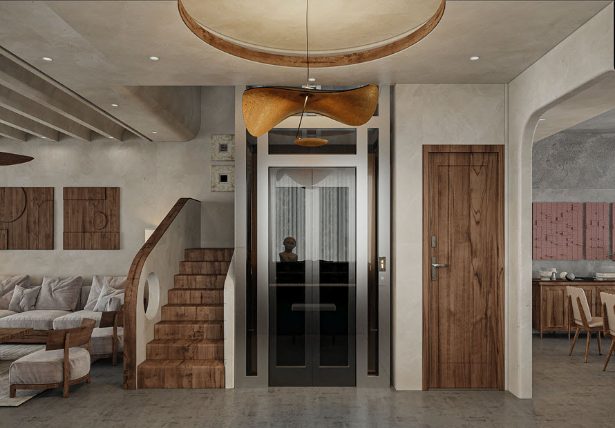 Cầu thang gỗ xinh y&ecirc;u dẫn lối l&ecirc;n tầng tr&ecirc;n biệt thự.