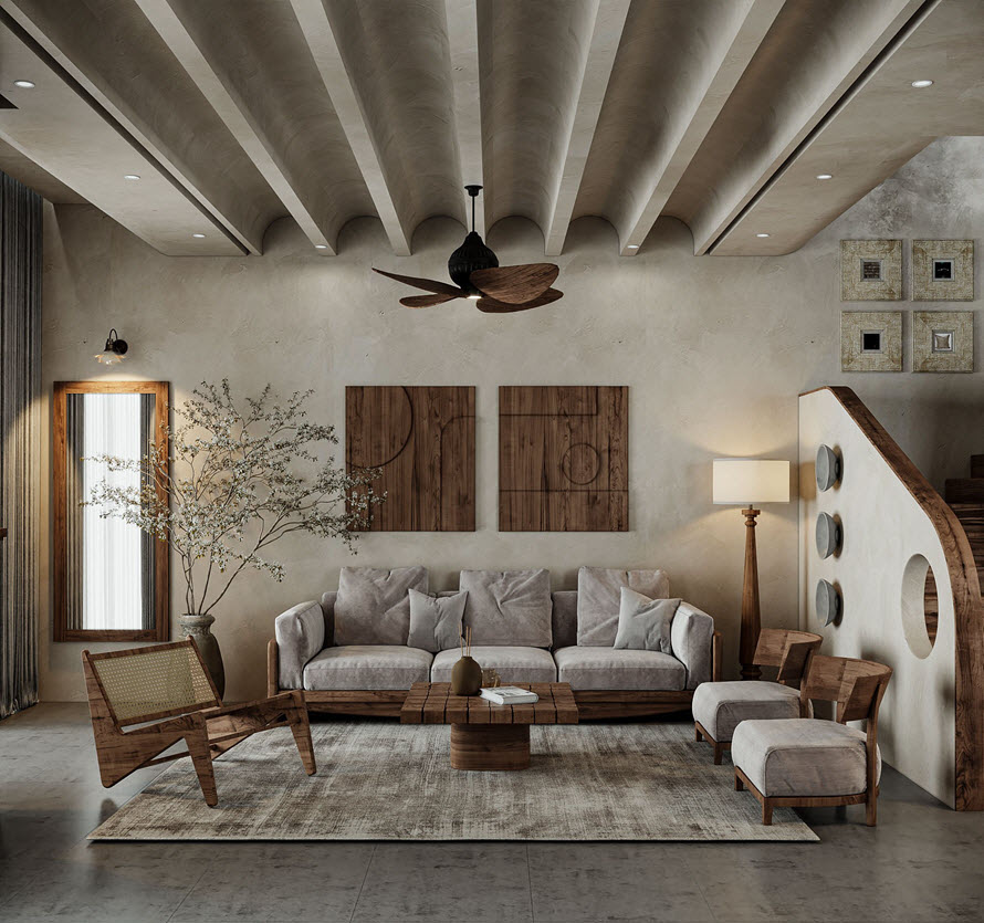 ph&ograve;ng kh&aacute;ch phong c&aacute;ch Wabi Sabi