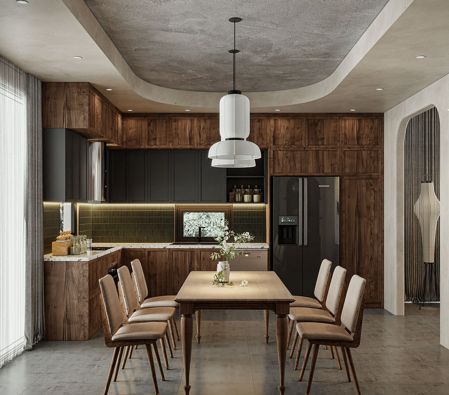 Gian bếp chữ L thiết kế ấn tượng với hệ tủ kịch trần hai lớp phối kết h&agrave;i h&ograve;a. Bộ đ&egrave;n thả đ&ocirc;i t&ocirc;ng m&agrave;u trắng tạo điểm nhấn h&uacute;t mắt.