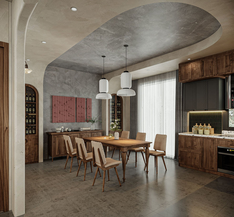 Thay v&igrave; trần b&ecirc; t&ocirc;ng kiểu lượn s&oacute;ng ở ph&ograve;ng kh&aacute;ch, trấn bếp  - ph&ograve;ng ăn được nhấn nh&aacute; bởi sắc x&aacute;m đậm hơn ph&ocirc;ng nền tổng thể.