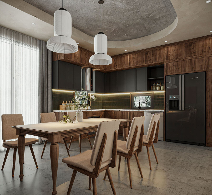 Sự kết hợp giữa t&ocirc;ng m&agrave;u gỗ n&acirc;u v&agrave; đen tuyền mang lại c&aacute;i nh&igrave;n mới lạ cho gian bếp Wabi Sabi, vừa độc đ&aacute;o, vừa gần gũi th&acirc;n thiện.