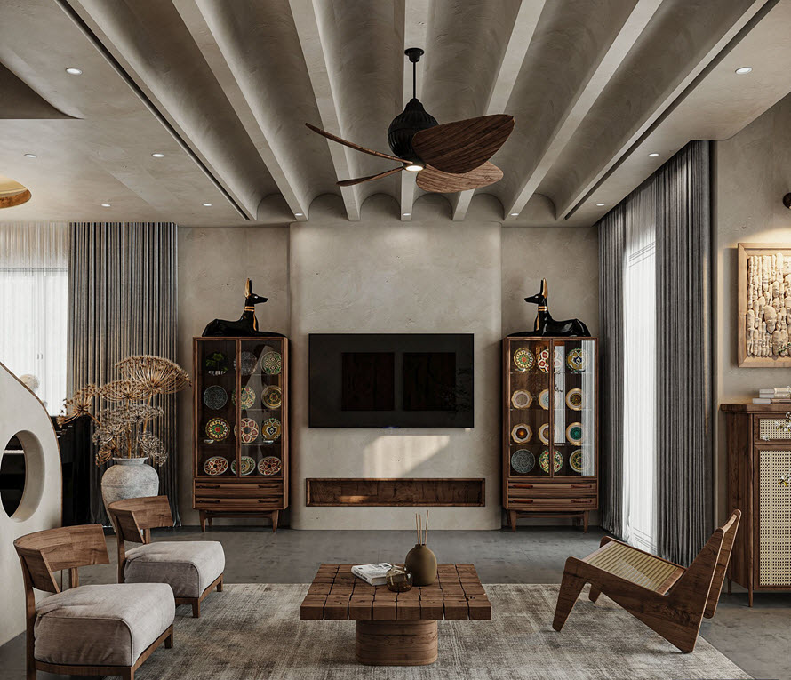 B&agrave;n tr&agrave;, ghế ngồi ph&ograve;ng kh&aacute;ch kiểu d&aacute;ng độc đ&aacute;o, cực h&uacute;t mắt. Chất liệu gỗ mộc mạc tạo vẻ ấm c&uacute;ng, th&acirc;n thiện.