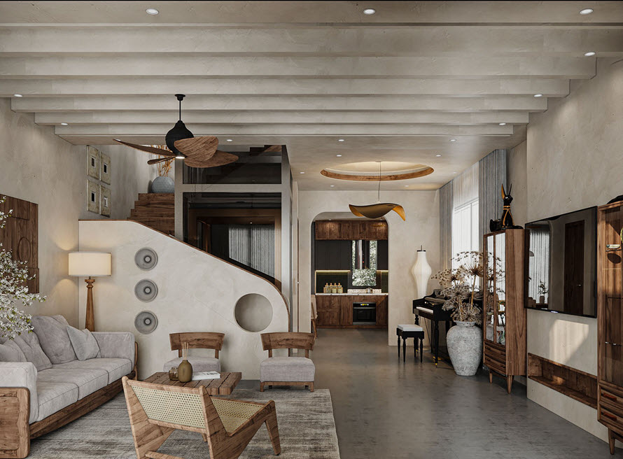 To&agrave;n cảnh ph&ograve;ng kh&aacute;ch phong c&aacute;ch Thiền Wabi Sabi