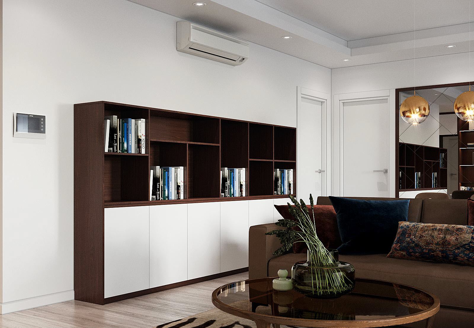 Tủ gỗ kết hợp kệ mở chạy dọc bức tường cung cấp thêm không gian lưu trữ, giúp căn hộ luôn gọn gàng, thoáng đãng.
