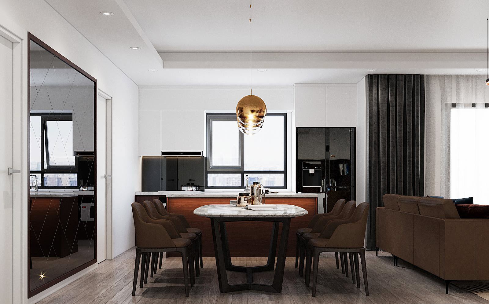 Ngay sau lưng ghế sofa phòng khách là không gian ăn uống sang trọng, ấm cúng với bộ đèn thả mặt dây chuyền màu vàng đồng sáng bóng.