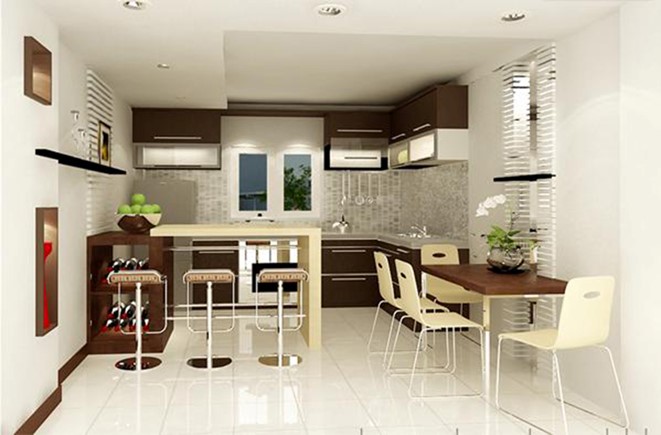 Không gian bếp kết hợp phòng ăn tối ưu hóa diện tích sử dụng. Quầy bar nhỏ kiêm bàn ăn sáng tiện dụng cho hai người.